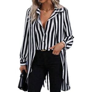 NEW! Black & White Striped Print High Low Hem Button Up Shirt